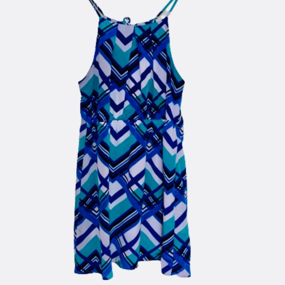 La Class summer dress blue green geometric print elastic waist silky